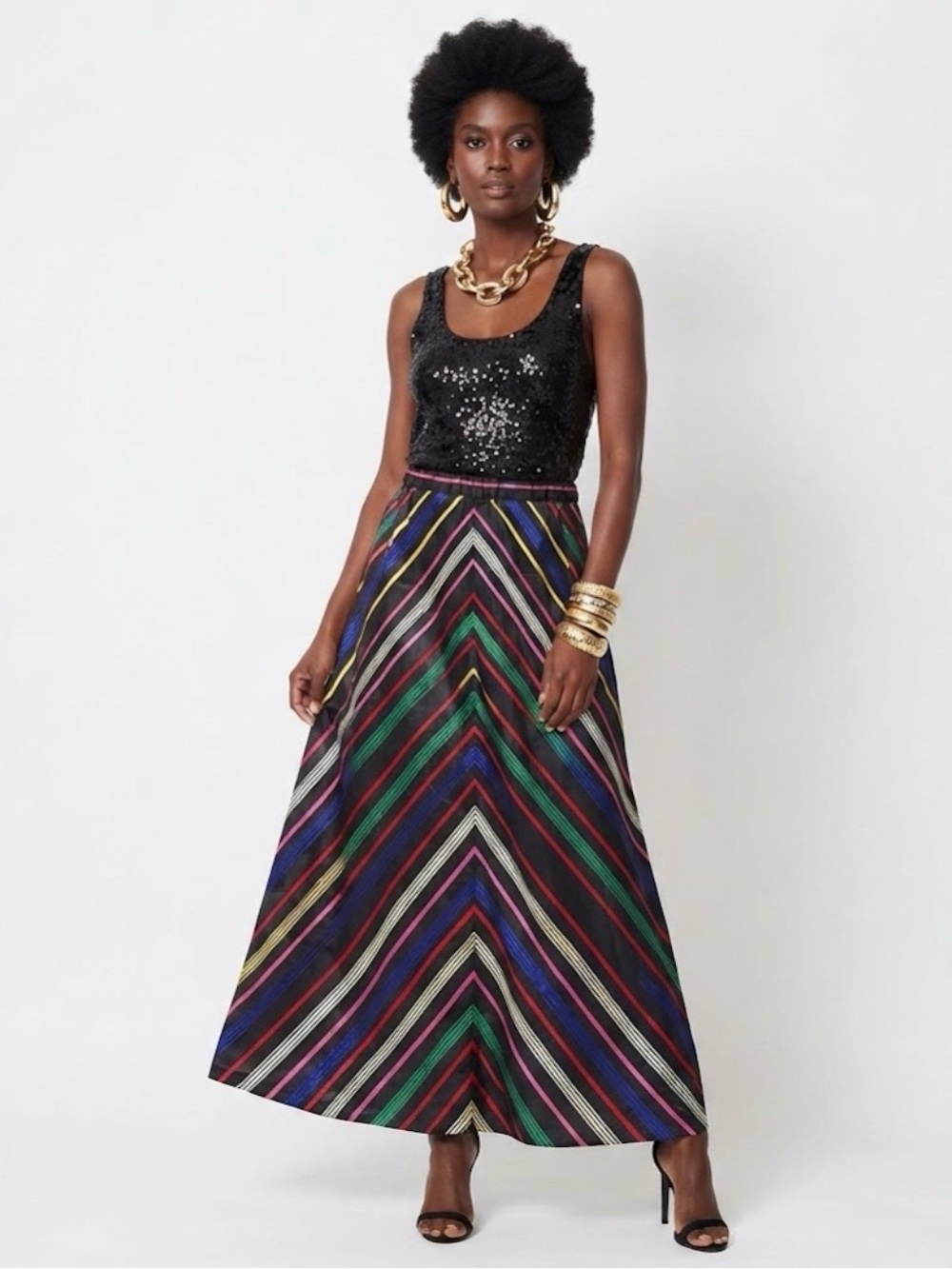 Vintage Rainbow Stripe Chevron Maxi Skirt Black Satin Statement Long Skirt